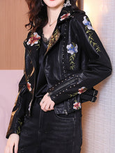 Women Biker Leather Jacket Floral Print Embroidery Pu Leather Coats