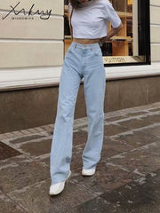 Straight Jeans Women High Waist Streetwear Light Blue Boyfriend Denim