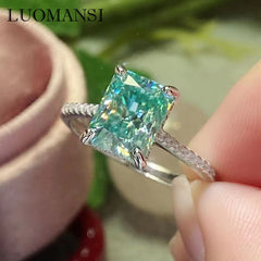 6*8MM Rectangular Green Crushed Ice Moissanite Ring with Certificate