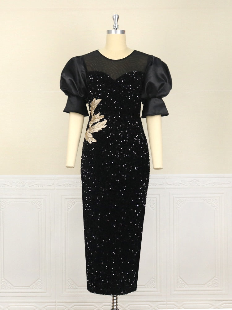 Black Dresses Velvet Embroidery Chest Wrapped Puff Sleeve Sparkly Dress