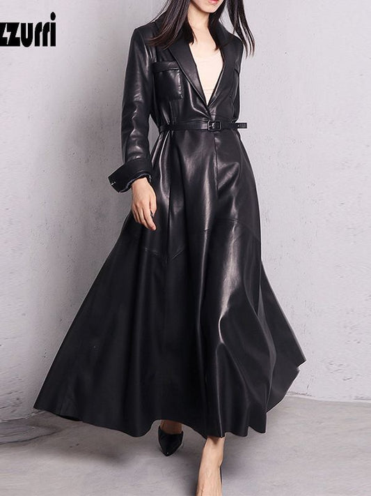 High Quality Red Black Maxi Pu Leather Trench Coat for Women Extra
