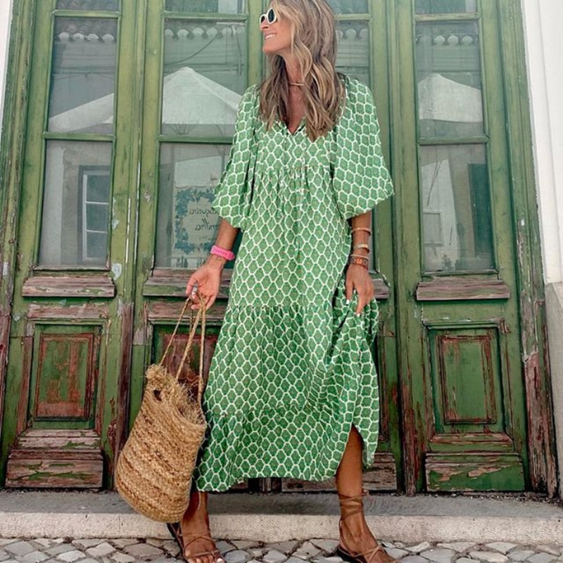 Puff Sleeve Boho Maxi Dress Elegant Women Summer Casual Floral Drawstring V-Neck