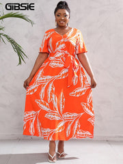 Plus Size V Neck Floral Print Boho Dress Women Summer Short Sleeve Maxi Dresses