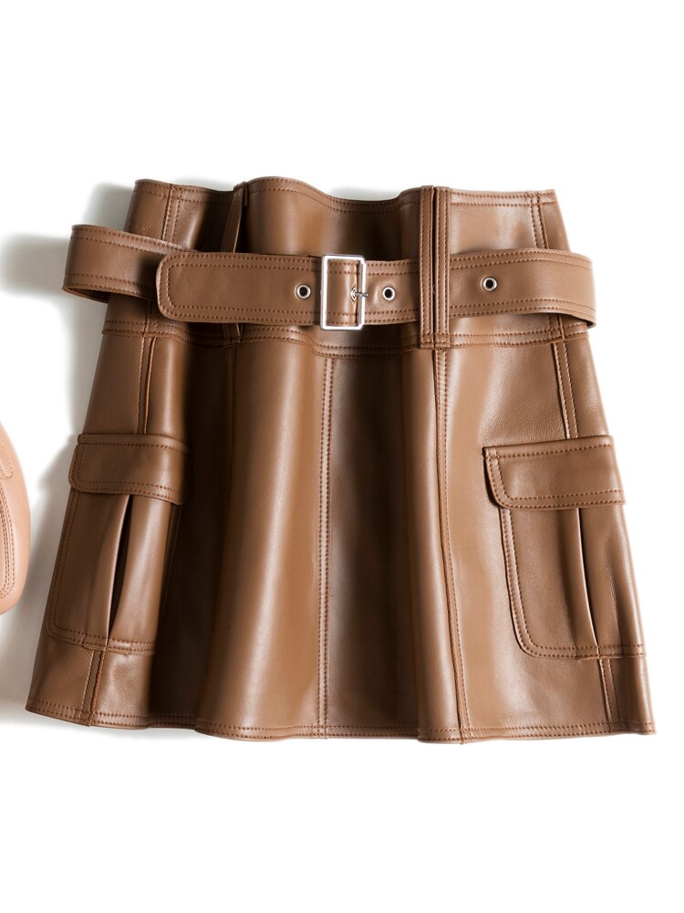 Versatile Japanese Style A-Line Skirts Women Summer Genuine Leather Brown