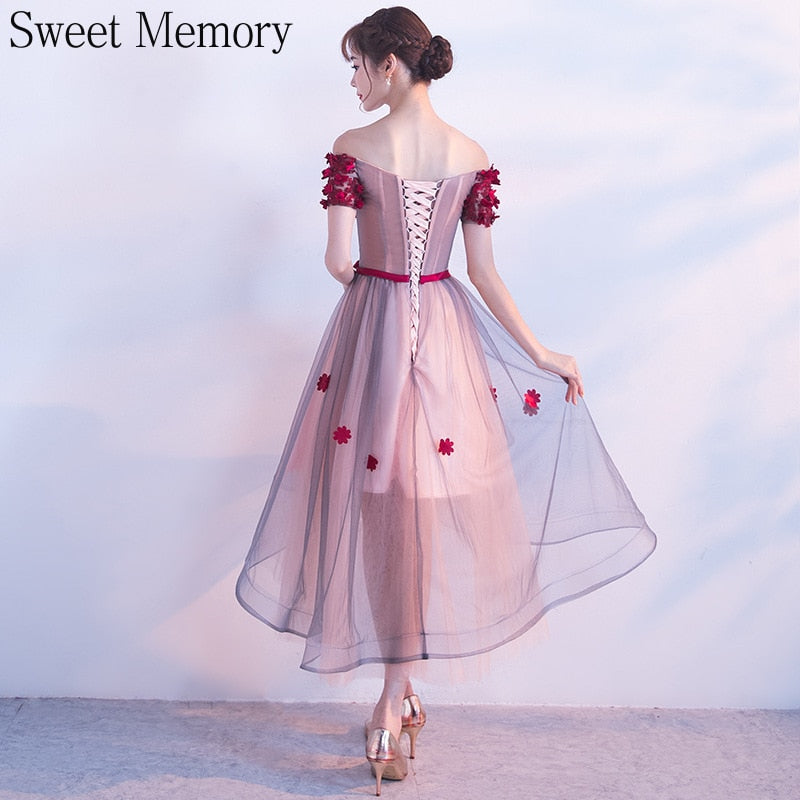 Homecoming Dresses: Dark Red Purple Prom Dresses With Flowers Boat Neck Lace