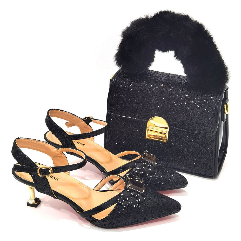Matching Shoes and Bags: Silver Color Peep Toe Shoes Matching Bag Set For Royal Ladies