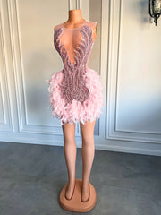 Homecoming Dresses: Sheer Neckline Women Cocktail Dress Pink Feather Black