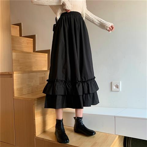Spring/Autumn Women Skirts High Waist Student Korean Style Dark Vintage Ruffle