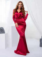Evening wear Dresses: Evening Gown Stretchy Satin Deep V Neck Low Cut