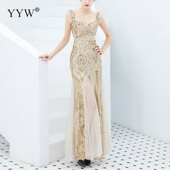 Evening wear Dresses: Gold Sequined V Neck Sleeveless Elegant Evening Dresses
