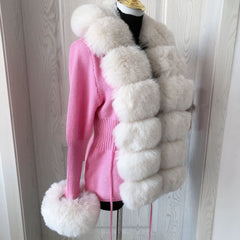 Women Faux Fur Knit Sweater cardigan Spring Autumn elegant Knitted sweater