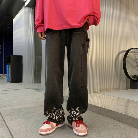 Men Retro Embroidery Flame Jeans Neutral Wide Leg Denim Trousers