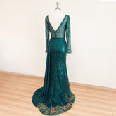 Evening wear Dresses: Evening Dress Long Sleeves V Neck Beaded Chiffon