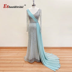 Evening wear Dresses: Evening Dress Long Sleeves V Neck Beaded Chiffon