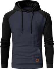 Men Hoodies Long Sleeve Plaid Jacquard Pullover Drawstring Kanga Pockets