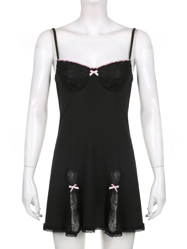 Darlingaga Y2K Retro Lace Patchwork Strap Bow Black Dress Mini Fashion Aesthetic