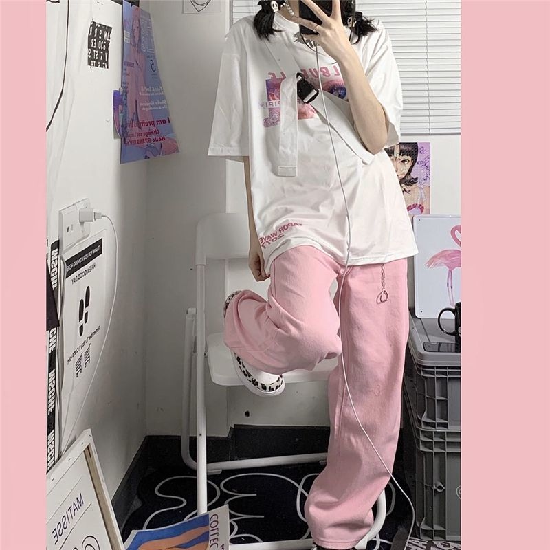 Baggy Pink Jeans Women Kawaii Korean Fashion Oversize