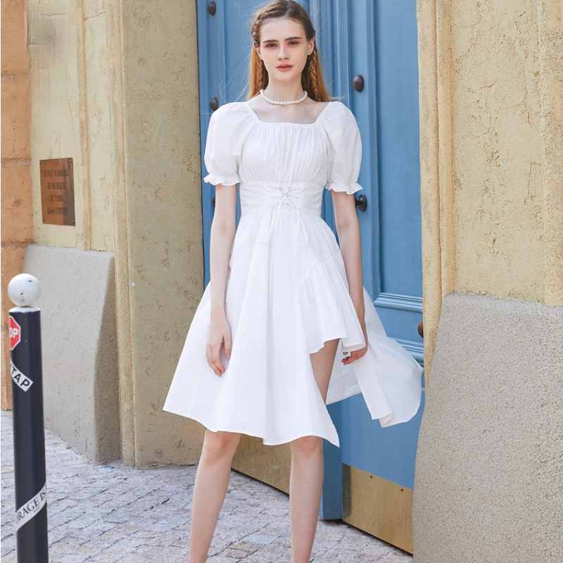 Women White Dress Autumn Elegant Vintage Kawaii Puff Sleeve