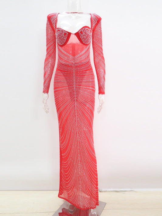 Homecoming Dresses: Rhinestone Crystal Patchwork Maxi Dress Gown