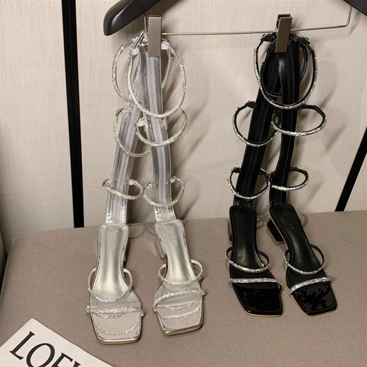 Trend Summer Women Sandals Boots Cingulate Crystal Thick Heel Rome Heel