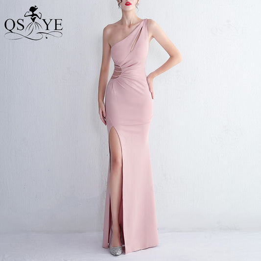 Homecoming Dresses: One Shoulder Magenta Prom Dresses Split Party Gown