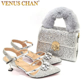 Matching Shoes and Bags: Silver Color Peep Toe Shoes Matching Bag Set For Royal Ladies