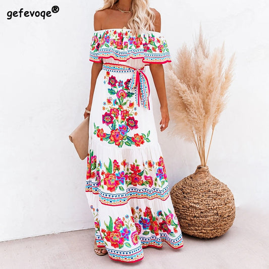 Print Vintage Long Dresses For Women Off-Shoulder Ruffle Fashion Boho