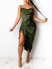 Dress Drawstring Spaghetti Straps Cowl Neck Backless Long Dresses for Women Party
