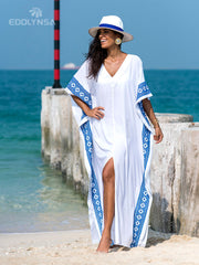 Cold Shoulder V Neck Bats Sleeve Loose Summer Beach Dress Plus Size