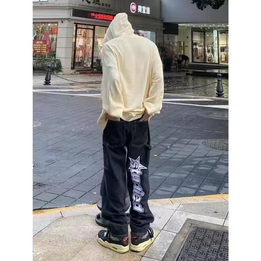 Y2K Retro Embroidered Denim Trousers Men High Street Wide Leg Pants
