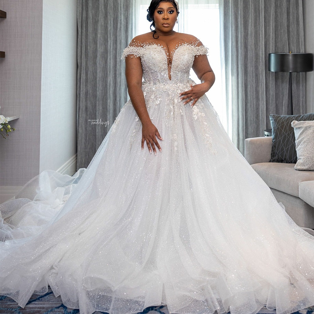 Wedding Dresses for Bride Sheer Neck Lace up Back Plus Size