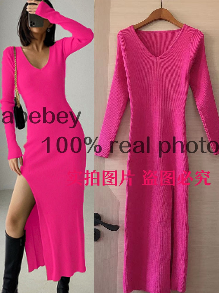 French slit sweater dress female slim tight-fitting hip-knit over-the-knee dresses