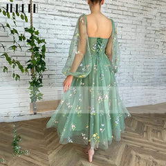 Homecoming Dresses: Mint Green Embroidered Lace Tulle Pastoral Prom Dress Puff