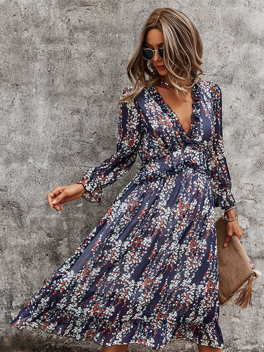 V Neck Floral Dress Ladies Butterfly Sleeve High Waist Casual Print Dresses For Women