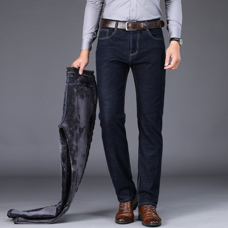 Men Fleece Warm Jeans Classic Style Business Casual