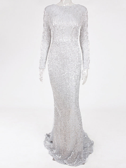 Evening wear Dresses: Mermaid Sequin Evening Gown Burgundy O Neck Stretch