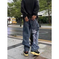Y2K Retro Embroidered Denim Trousers Men High Street Wide Leg Pants