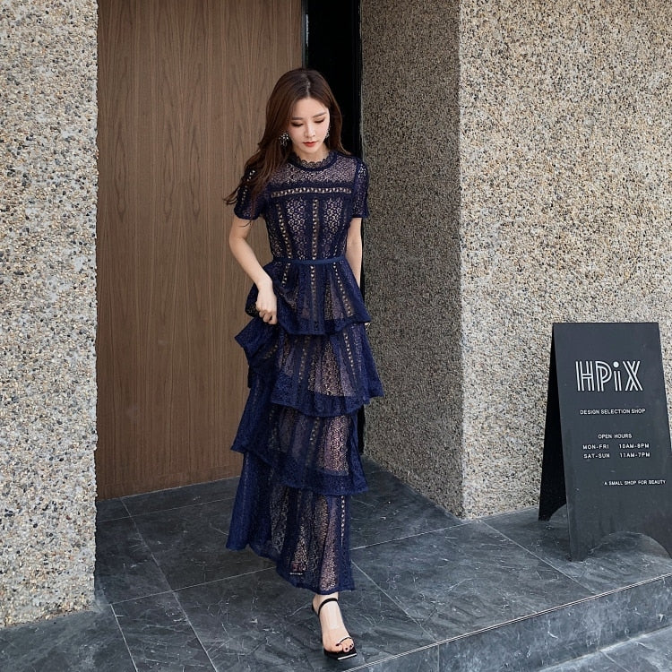 Maxi Dresses for Women Dark Blue Exquisite Lace Stitching Short Sleeve Multi-layer