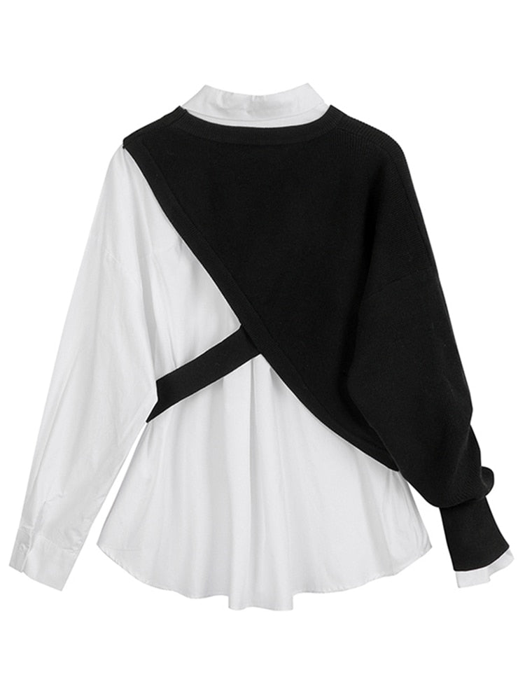 Women White Knitting Split Big Size Blouse Lapel Long Sleeve Loose Fit Shirt