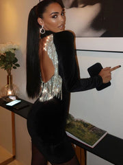 Diamond Tassel Velvet Dress Women Long Sleeve Bodycon Mini Club Celebrity