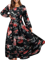 Elegant Floral Print Women Dress Spring Summer Casual O Neck Long Sleeve
