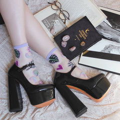 Women Pumps Mary-Jane Platform Black Pink Chunky 16CM High Heels Ankle