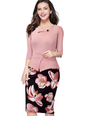 Nice-forever Autumn Print Floral Patchwork Button Casual Dress Business
