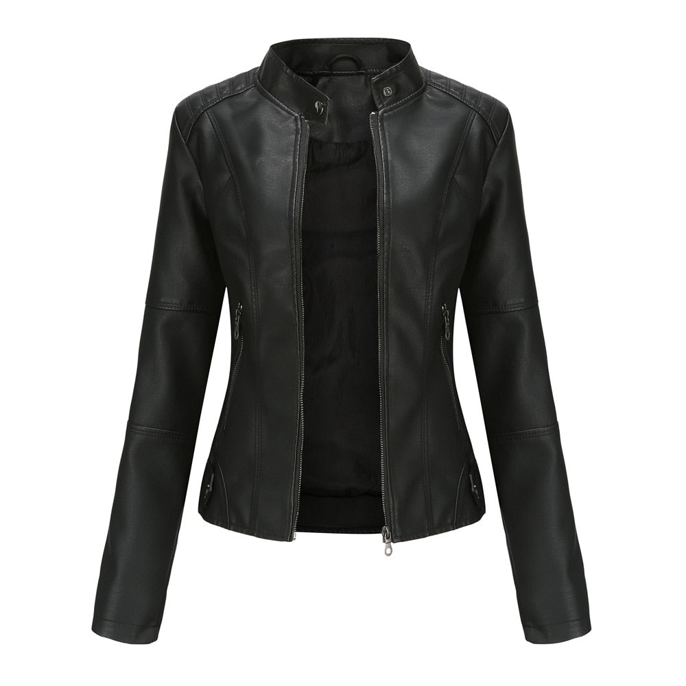 Women Leather Jacket Spring Autumn Black PU Leather Coat Stand-up