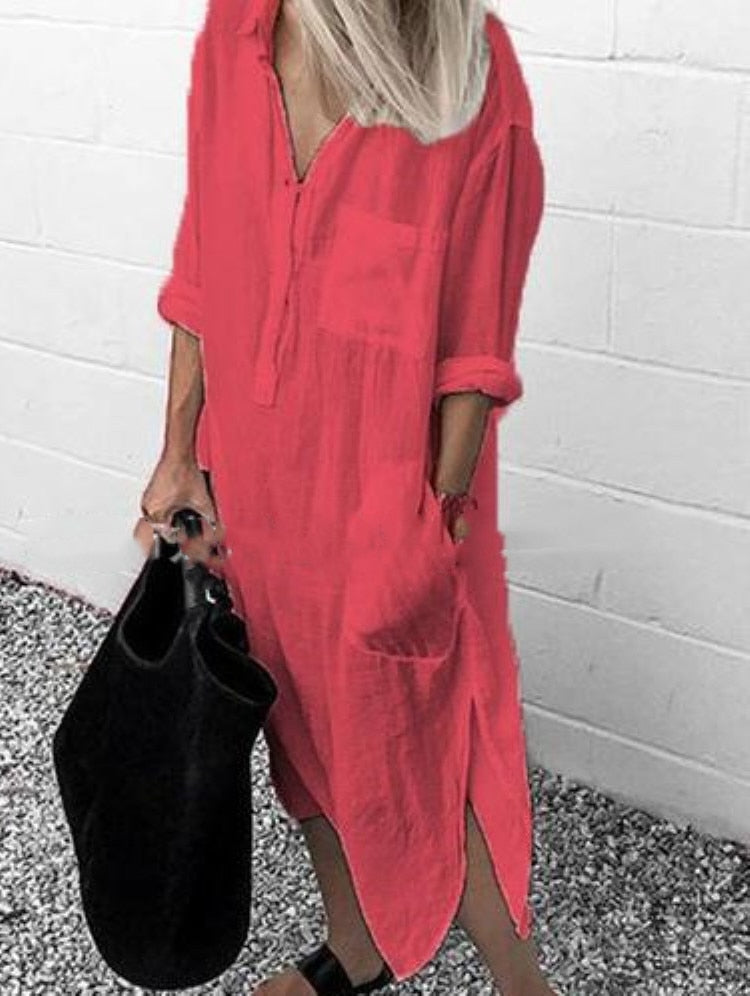 Women Shirt Dress Spring Summer Lapel Button Long Sleeve Side Split Dresses