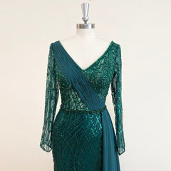 Evening wear Dresses: Evening Dress Long Sleeves V Neck Beaded Chiffon