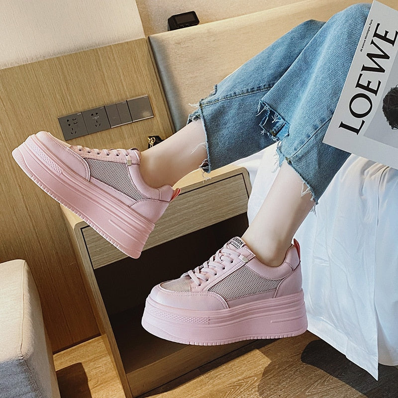 Fujin 8cm Genuine Leather Women Casual Shoes Chunky Sneakers Platform Wedge