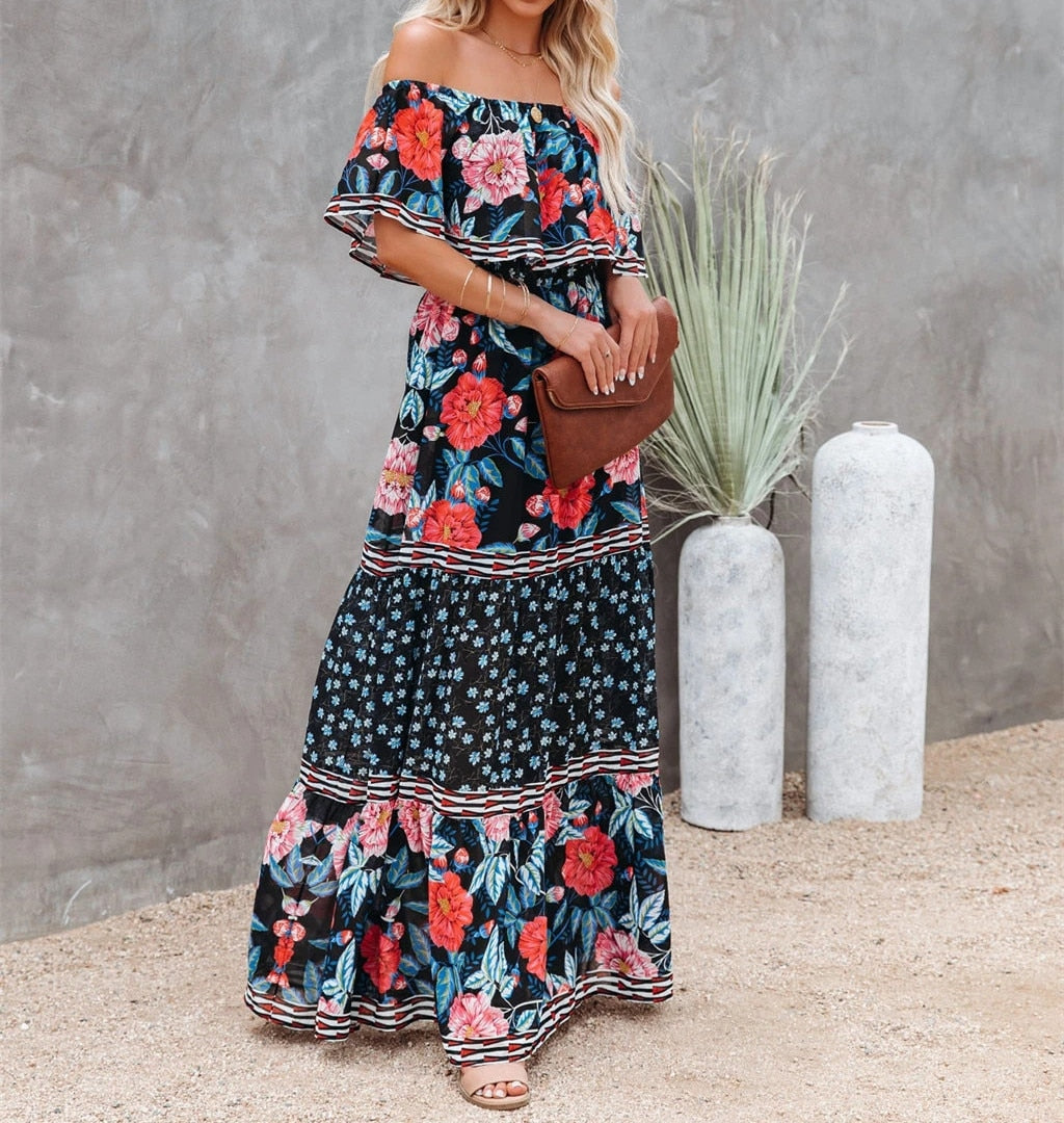 Print Vintage Long Dresses For Women Off-Shoulder Ruffle Fashion Boho