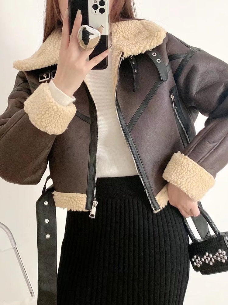 Winter Women Streetwear Faux Lamb Leather Fur Short Jacket