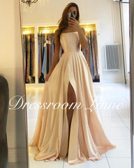 Homecoming Dresses: Prom Dress Spandex satin Slit Side Dress A-LINE Scoop Stretch